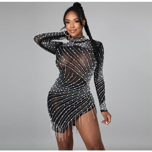 Rhinestone Pearls Tassel Sparkly Sheer Mesh Birthday Dresses for Women Sexy Night Club Wear Long Sleeve Bodycon Party Mini Dress