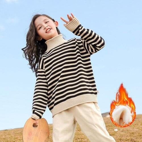 Girls Sweater Kids Coat Outwear 2021 Stripe Plus Velvet Thicken Warm Winter Autumn Tops Fleece Christmas Childrens Clothing