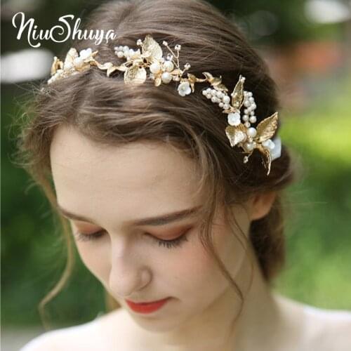NiuShuya European Handmade Pearl Crystal Gold Leaf Bride Tiaras Headpiece Wedding Bridal Hair Accessories Headbands Hair Jewelry
