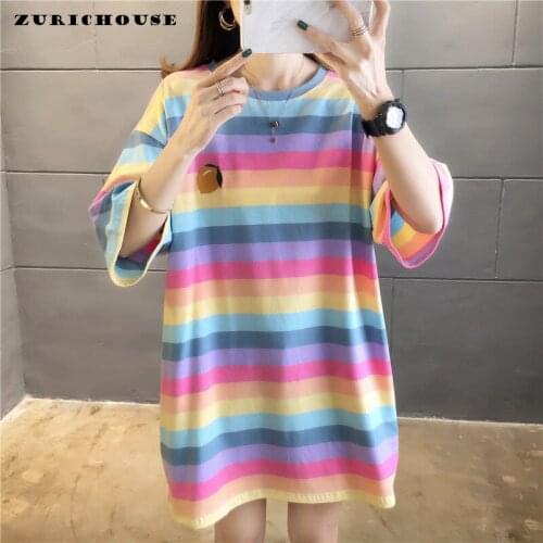 ZURICHOUSE Personality Rainbow Striped T-shirt Women Short Sleeve O-neck Fashion Embroidery Summer Oversized Tee Shirt Tops