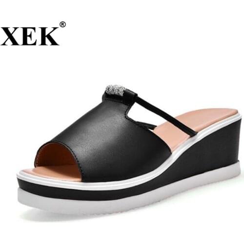 XEK Women Slipper Sandals Heels Wedges Platform Leather Peep toe Crystal Elegant Female Sandals Mules clogs Summer Shoes FM69