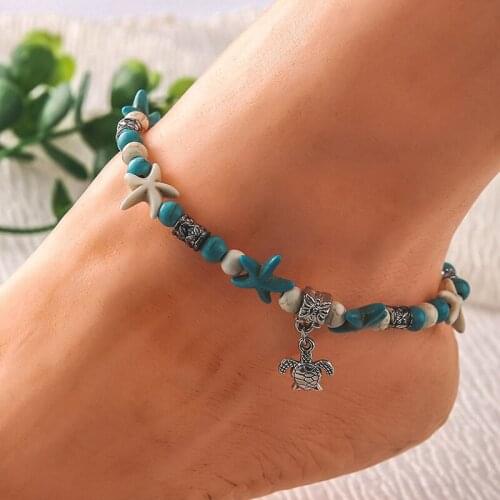 Women Beaded Anklet Adjustable Turtle Pendant Starfish Alloy Anklet Charm Anklet Handmade Food Chain Jewelry Accessories
