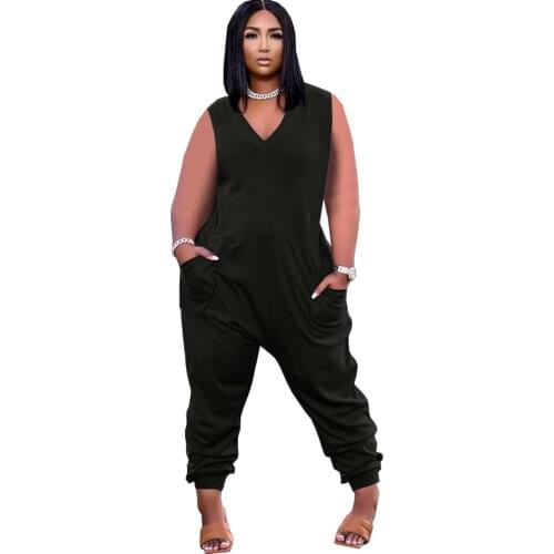 Women Loose V Neck Sleeveless Pocket Solid Jumpsuit Romper Long Pants Female Clothing