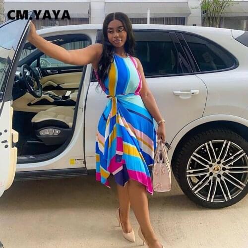 CM.YAYA Women Midi Dress Striped Print Sleeveless Bandage Sashes Loose Asymmetrical Midi Calf Dresses Office Lady Streetwear