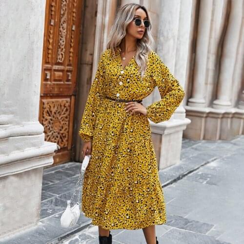 Autumn Winter Womans Leopard Print Floral Dress Lantern Long-sleeved Button V-neck Ruffle Dress Mid-Calf Loose Casual Clothing