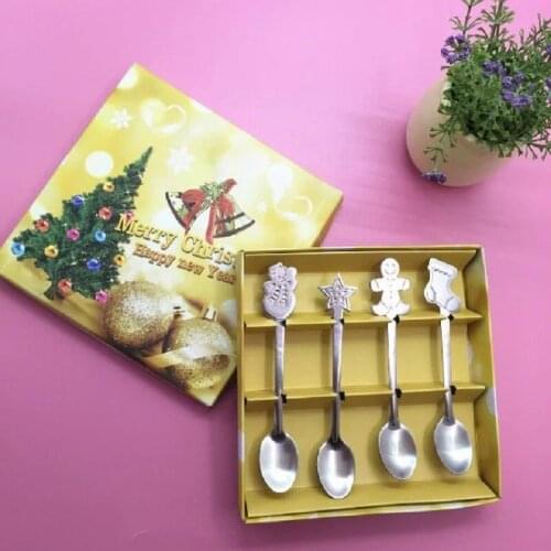 4pcs/set Stainless Steel Christmas Tableware Coffee Spoons Ice Cream Dessert Spoon Snowman Tree Kids Drinking Tea Scoop