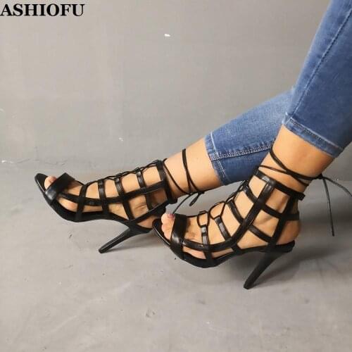 ASHIOFU Hot Sale Ladies High Heel Sandals Cross-straps Shoelace Party Prom Summer Shoes Real Photos Evening Fashion Sandals