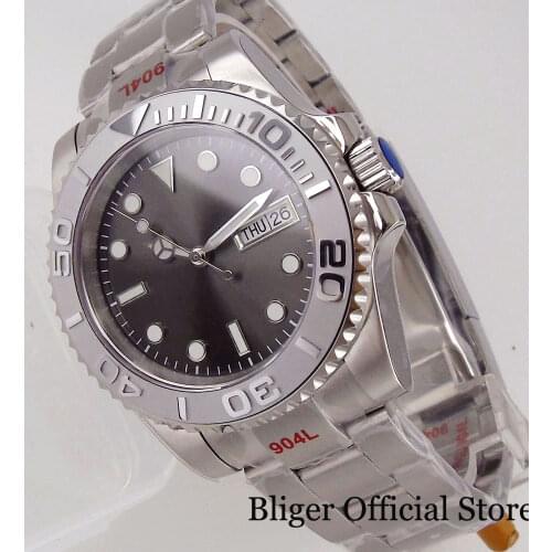 BLIGER Business Nologo 24 Jewels NH36A Selfwinding Men Watch Grey Insert Glide Lock Oyster Bracelet Sunburst Dial Screw Crown