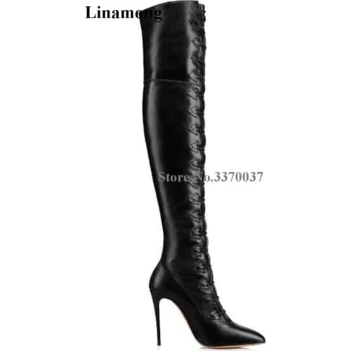 High Quality Formal Classical Style Pointed Toe Lace-up Thin Heel Over Knee Boots Black Leather Bandage High Heel Boots