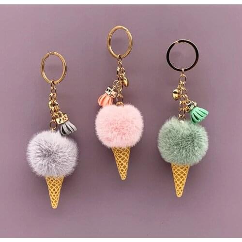 Ice Cream Keychain Cute Bag Cartoon Plush Pendant Cone Car Keychain Ring Hair Ball Creative Gift DIY