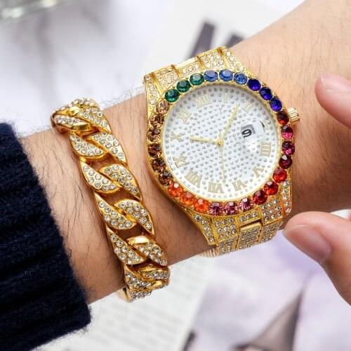 2 Pcs Watch+bracelet Hip Hop Stainless Steel Gold Color Calendar Watch For Men Iced Out Paved Rhinestones Men Watch Reloj Hombre