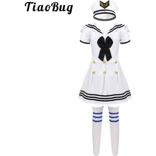 Kids Girls Sailor Uniform School Chorus Stage Performance Dance Costume Short Sleeves Dress with Hat Socks Set Roleplay Outfit