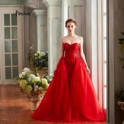 Finove 2019 New Elegant Red Prom Dress Sexy Strapless With Feathers Sequins Floor-Length Long A Line Formal Womens Dresses