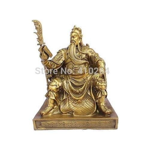 Chinese bronze brass Dragon Guan Gong/ Yu Reading book Statue Gold Color