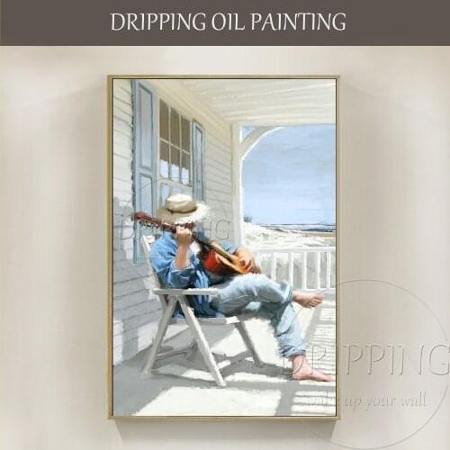 Top Painter Handmade High Quality Impressionist Man Playing Guitar Oil Painting Beautiful Colors Guitar Man Oil Painting
