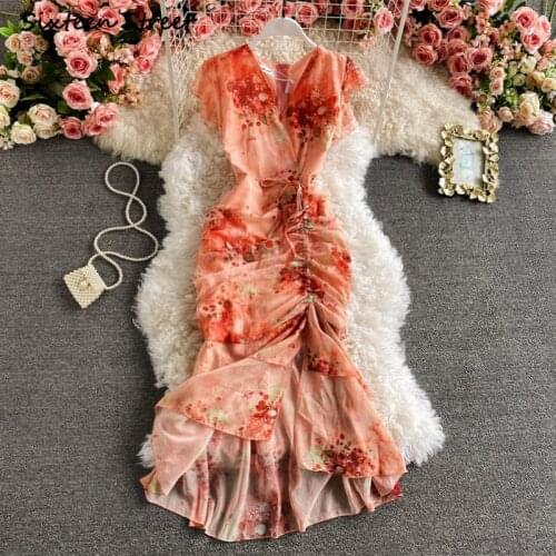 Maxi Dresses for Women Summer Retro V Neck Print High Waist Chiffon Fashion High Waist Sexy Dress Y2k Vestido De Mujer Korean