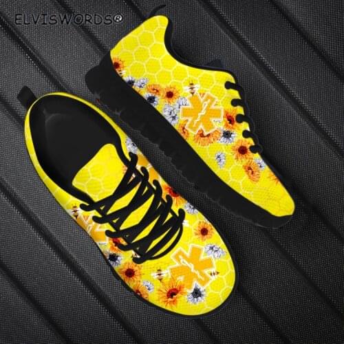ELVISWORDS Nurse Sunflower Bee EMT Printed Fashionable Walking Shoes for Ladies Leisure Womens Air Mesh Sneakers Flats Shoes