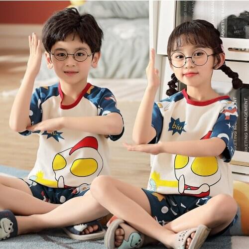 Ultraman 2021 MING New Pure Cotton Cartoon Summer Children Pajamas For Boys Girls Suit Short Sleeve Kids Clothing Sets Fashion