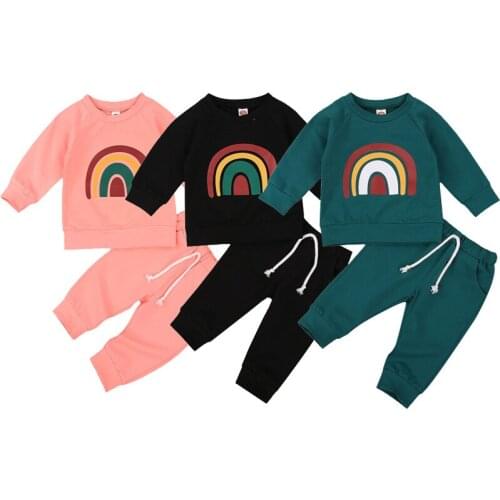 0-3Y Fashion Spring and Autumn Kids Clothes Sets Long Sleeve Round Neck Rainbow Print T shirt Lace Up Elastic Long Pants