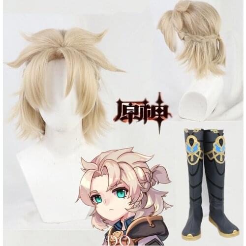 Genshin Impact Albedo Cosplay Wig 35cm Short Braided Small Ponytail Heat Resistant Hair Halloween cosplay shoes Customized size
