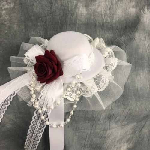 Japanese Lolita Vintage Small Top Hat Hairpin Ruffles Lace Ribbon Bow Aritificial Rose Flower Headdress Stage Performance
