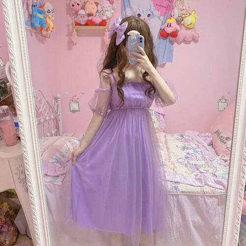 Japanese Immortal Mesh Embroidered Puff Sleeve Collar Elastic Waist Thin & Long Dress Female Summer tea party lolita dress