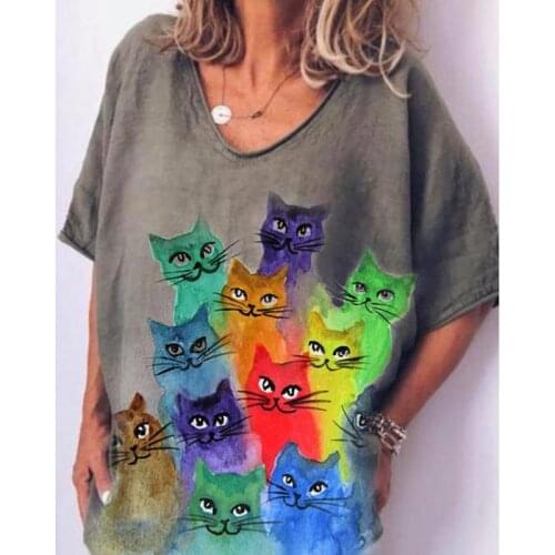 Elegant Womens T shirt Animal Cat Printed Top Tee Short Sleeve V Neck Women Shirts Harajuku Pullover Woman Tshirts Plus Size