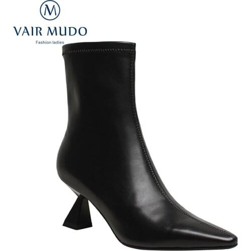 VAIR MUDO Women Ankle Boots Shoes High Heels Solid Concise Elegant Shoes Female Black White Shoes Pointed Toe Fashion LadyWM-X15