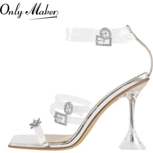 Onlymaker Women Open Toe Metal Buckle Bright Border High Heel Square Stilettos Ankle Strap Rhinestone Transparent Band Sandal