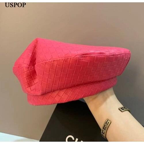 USPOP Women Winter Hats Woven Pattern PU Berets Solid Color Vintage Beret
