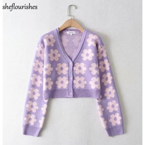 Fashion sweater women spring long sleeve cardigan floral kawaii knitted sweater v neck button up cardigan purple streetwear 2021