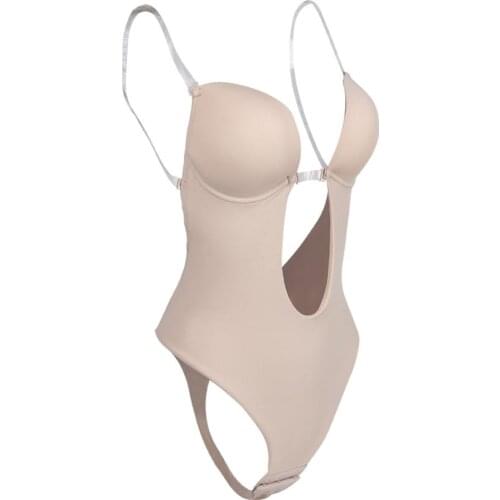 Sexy Bodysuit Underwear Party Dress Women Body Shaper Slips Backless G-string Waist Trainer U Plunge Shapewear With Push Up Bra
