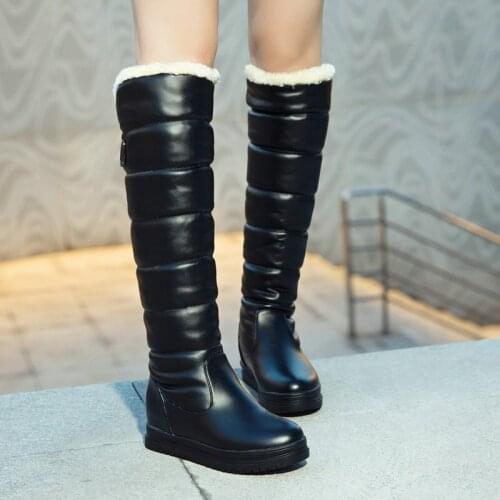 Winter Ladies Knee High Boots Winter Plush Lining Warm Sweet Snow Boots Female Belt Buckle Platform Slip On Flat Womens Shoes