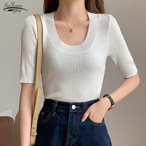 2021 Elegant Comfort Fashion T-shirt New Summer Womens Tops Thin Pullover Ladies Sweater Solid Color Slim Women Clothes 15363