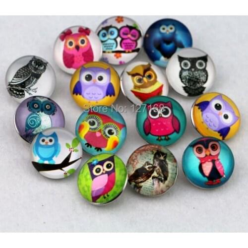 50pcs/lot Free shipping Wholesale DIY 18mm cute owl glass press snap buttons metal snap charms fit diy snap button jewelry