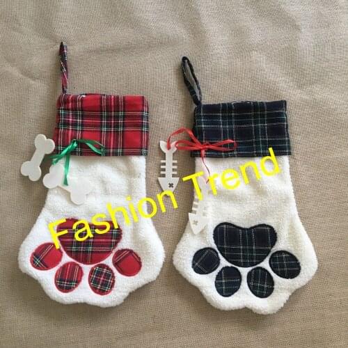 30pcs/lot free shipping fleece Christmas dog paw stocking 2 colors hot selling good quality plaid X-mas stocking decoration