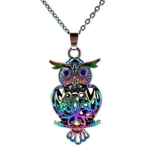 C132 Rainbow Color 41mm Big Owl Magnetic Beads Cage Pendant Locket Necklace Aroma Essential Oil Diffuser-Fun Gift