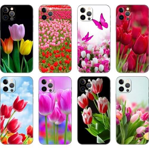 Black tpu case for iphone 5 5s se 2020 6 6s 7 8 plus x 10 XR XS 11 12 mini pro MAX back cover Spring Tulips Flower