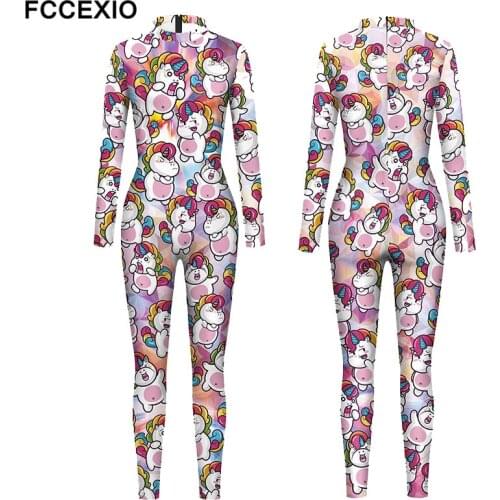 FCCEXIO Pink Small Unicorn Print Sexy Bodysuits Women Plus Size Back Zipper Rainbow Party Slim Jumpsuits New Skinny Jumpsuit