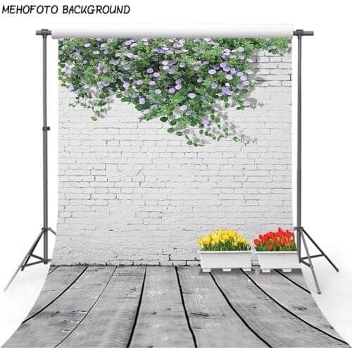 Retro White Brick Wall Photography Backdrops for Wedding Customized Green Leaves Blooming Flowers Grey Wooden Floor Photo Props