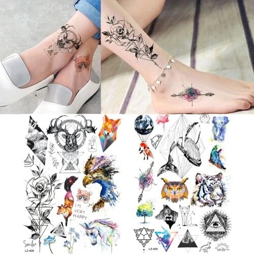 Geometric Rose Flower Deer Tiger Fox Whale Tattoo Women Triangle Temporary Tattoo Sticker Men Tribal Wolf Body Art Fake Tatoos