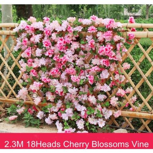 2.3M 18Heads Artificial Cherry Blossoms Flowers Vine DIY Wedding Arches Garland Fake Flowers Home Garden Fence Decor Rattan
