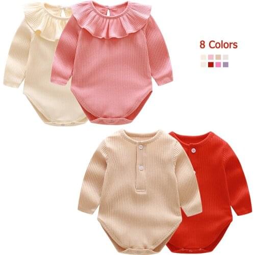 100% Cotton Newborn Infant Baby Girl Boy Ribbed Bodysuit Ruffle One-Pieces Solid Jumpsuit Long Sleeve Outfits Spring Sunsuit