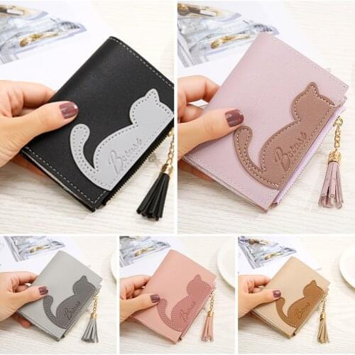 Mini Short Bifold Pouch Women Cute Cat PU Leather Tassel Money Purses Fashion Girls Zipper Coin Bag Lovely Card Holder Wallet