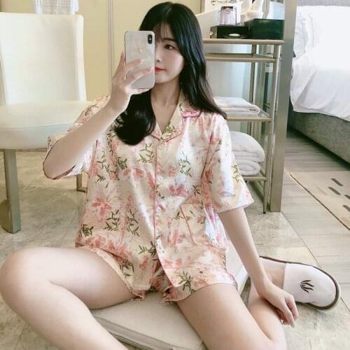2021 Summer Silk Satin Print Short Sleeve Shorts Pajama Set for Women Korean Sleepwear Suit Pyjama Homewear Pijama Mujer Clothes
