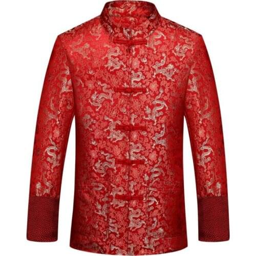 Middle-aged jacket men Chinese tunic suit Damask Jacquard Dragon coat mens Tang suit Chinese style stand collar long sleeve blue