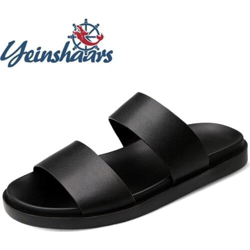 Men Casual Summer Shoes Brand Black Slippers Fashion Beach Sandals Breathable Genuine Leather Slipper Man High Quality Slippers