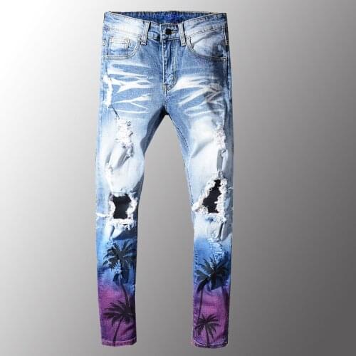 Man Men Hi Street Destroyed Painted Jeans Pants Fashion Streetwear Tie Dye Denim Trousers Tree Printed Plus Size 28-40