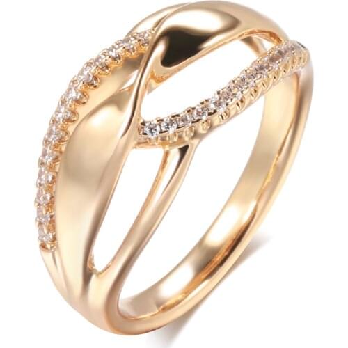 Kinel New 585 Rose Gold Cross Wave Rings for Women Geometric Hollow Natural Zircon Ring Trend Daily Vintage Jewelry 2021 New