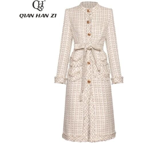 Qian Han Zi high-quality designer autumn winter long coat Womens Long Sleeve Single Breasted Fringe Fashion Overcoat Outwear